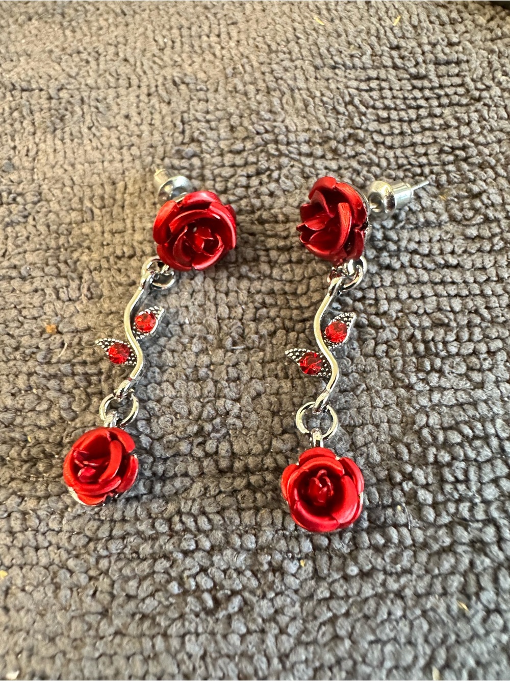Red Rose Dangle Earrings with Silver-Tone Accents